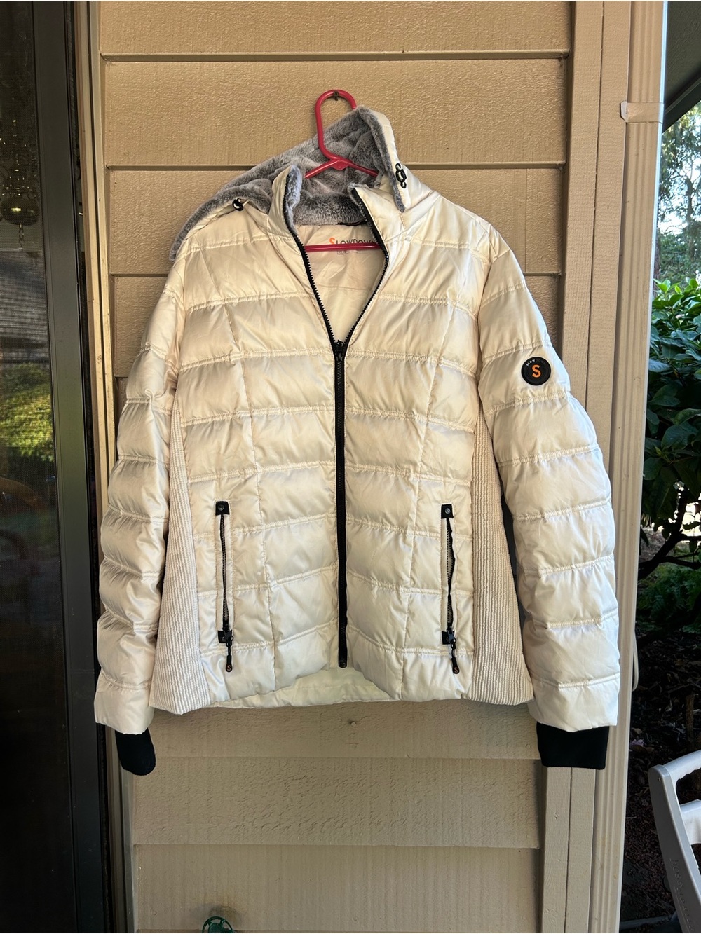 Slow Down Cream Quilted Puffer Jacket with Hood - S Patch Accent